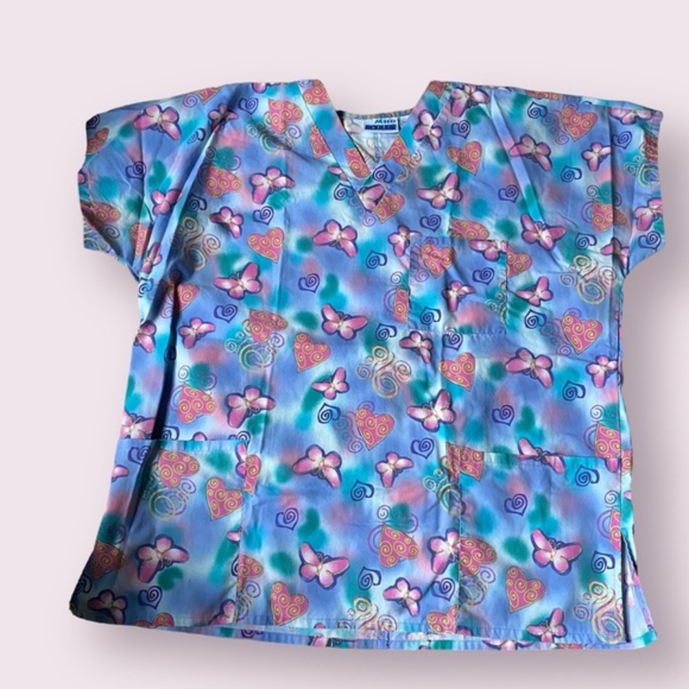 Scrub Top Women’s Size XL 18W MHD Pocket Butterflies‎ GrannyCore Blue